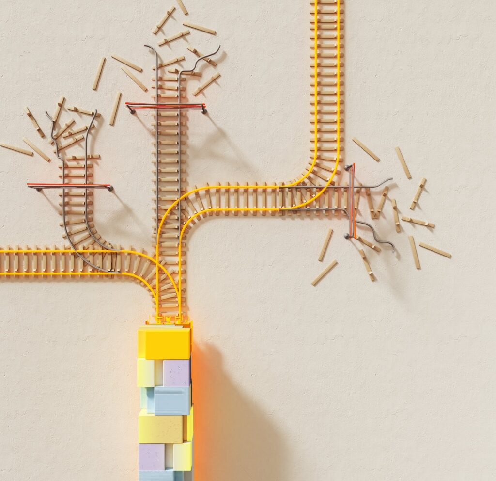 A toy train is connected to the wall.