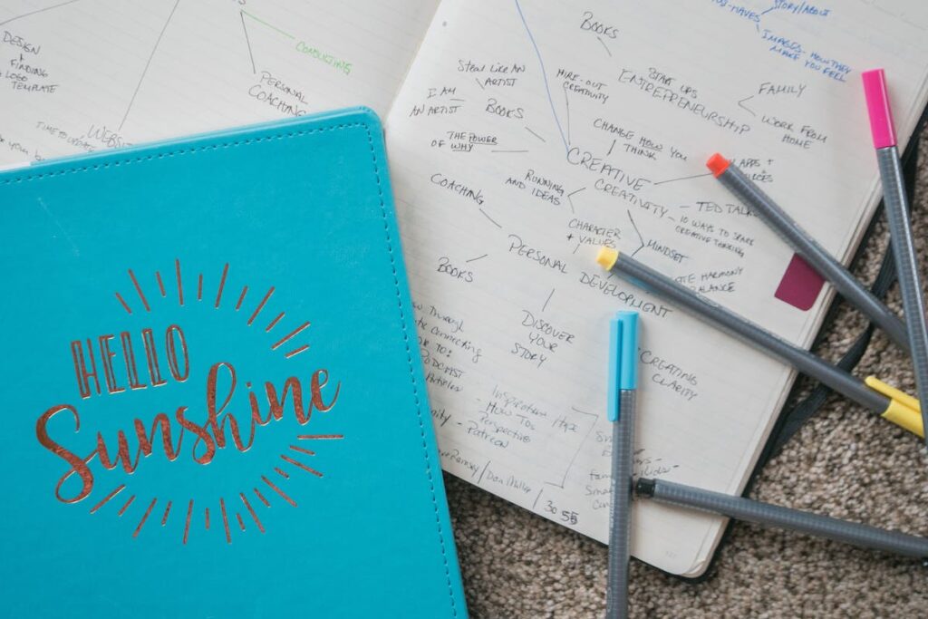 A blue notebook and some pencils on the floor